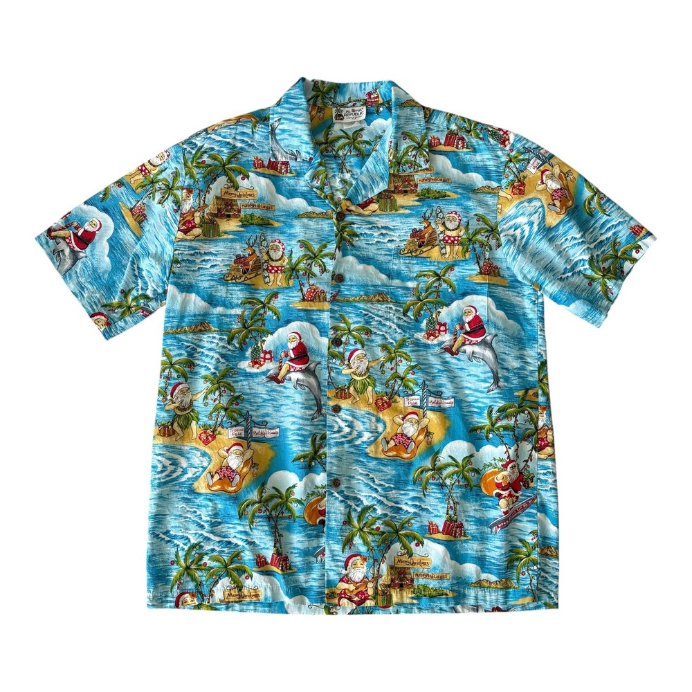 VTG Aloha Republic Mens Christmas Hawaiian Shirt Santa Surfing L Made in Hawaii